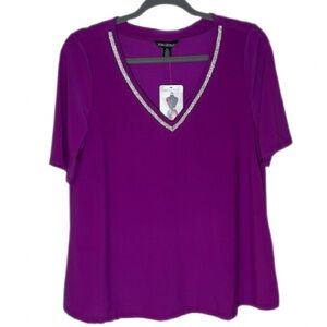 Nina Leonard Elbow Sleeve Bling Top Fuchsia Color NWT Size Petite Medium